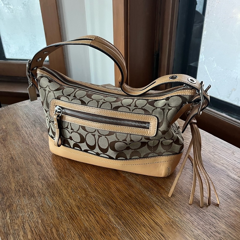 Coach Signature Shoulder Bag - Monogram Canvas, Vachetta Trim, Hobo Style (9363)